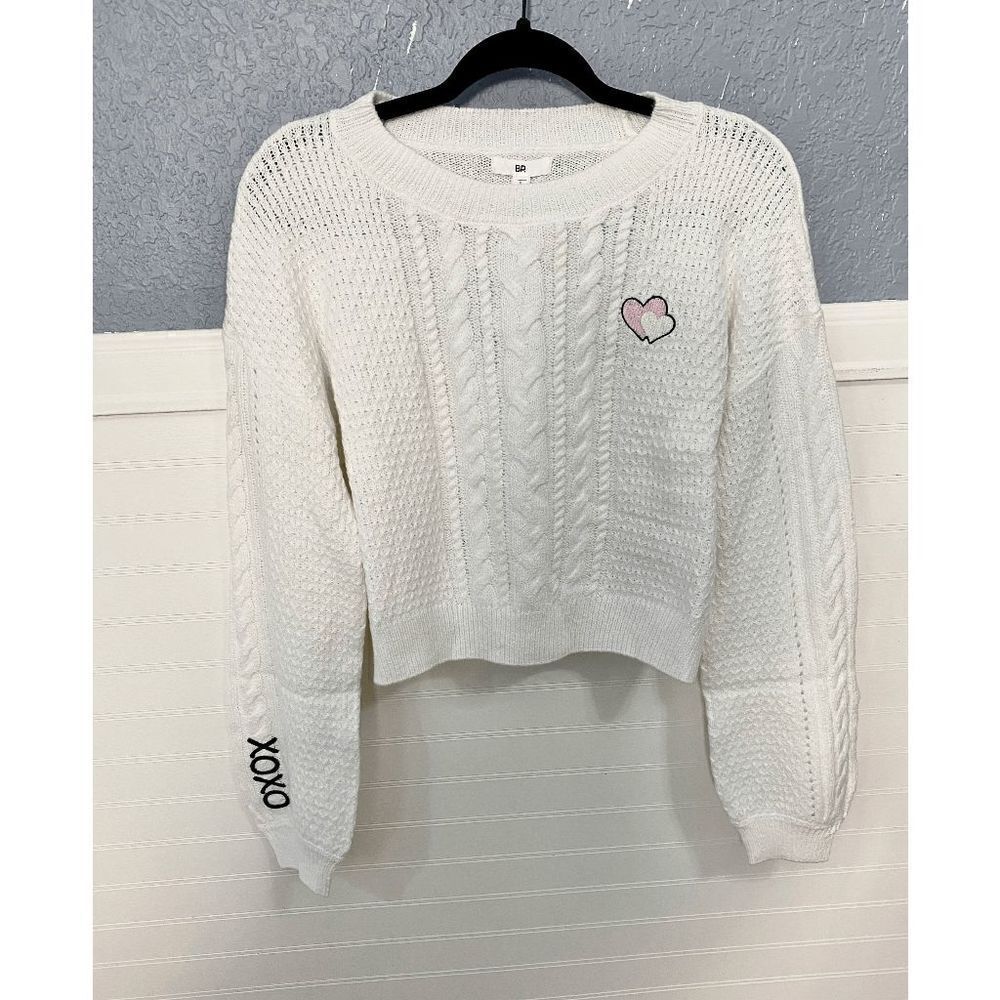 BP Women's Heart Embroidered Cable Knit Crew Neck Sweater Ivory